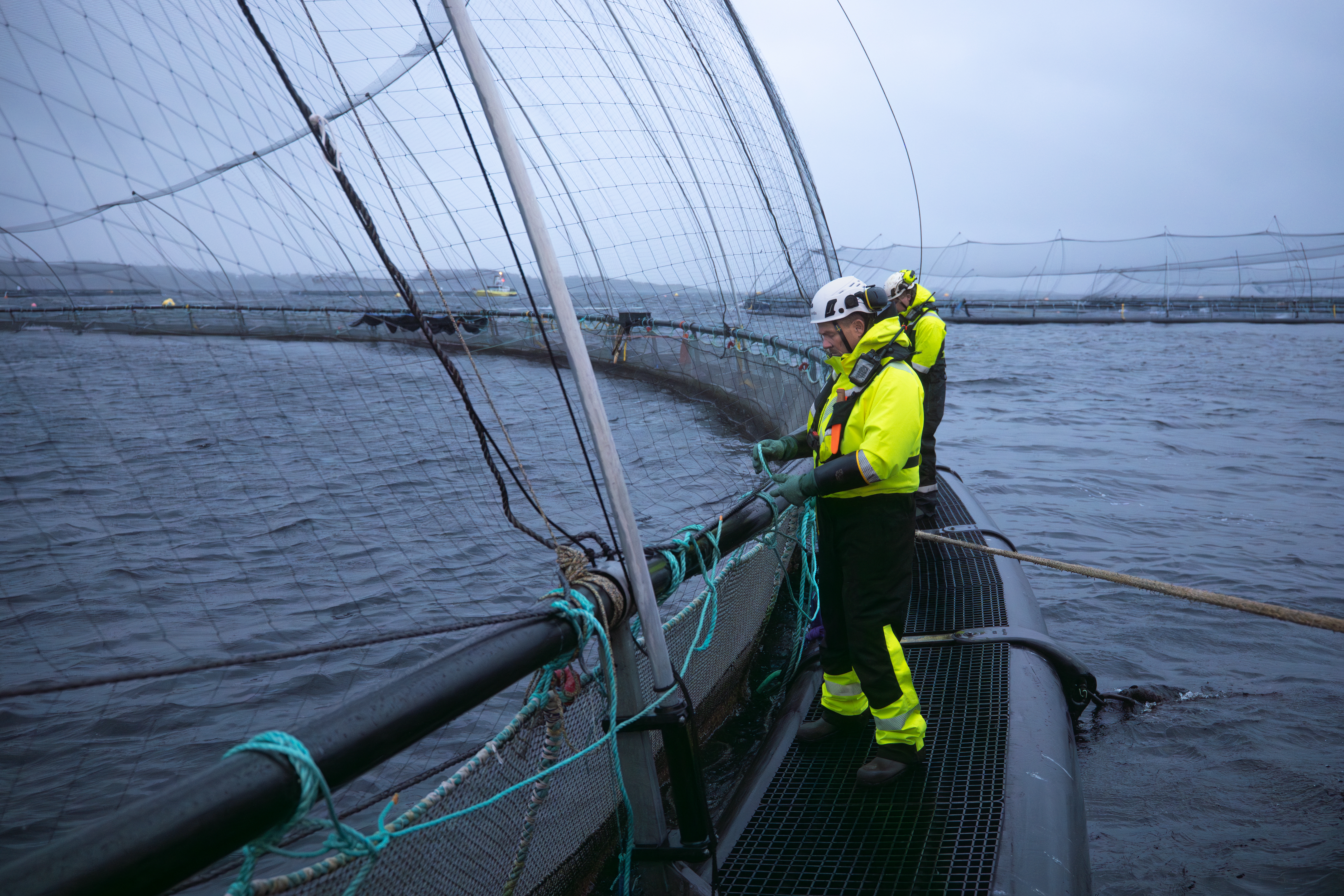 To personer jobber på en merde og har på seg arbeidstøy og verneutstyr fra Aalesund Protective Wear